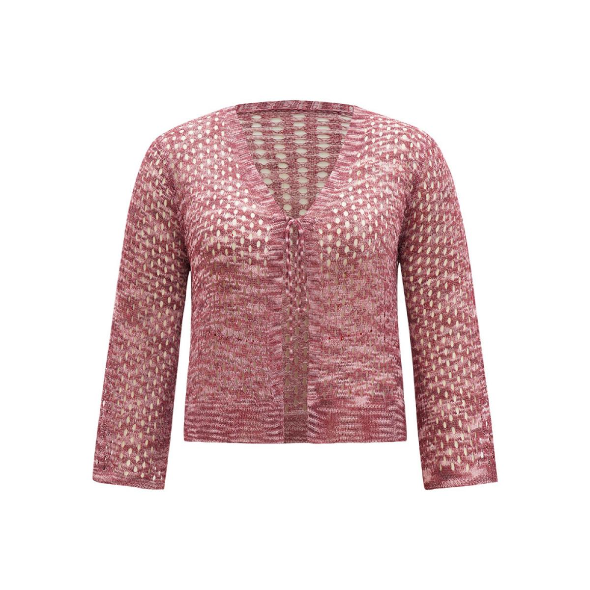 Plus Size Geometric Eyelet Bell Sleeve Ties Front Cardigan Maroon Women Casual Loose Long Sleeve Everyday Cardigans BloomChic 12/L Product Image