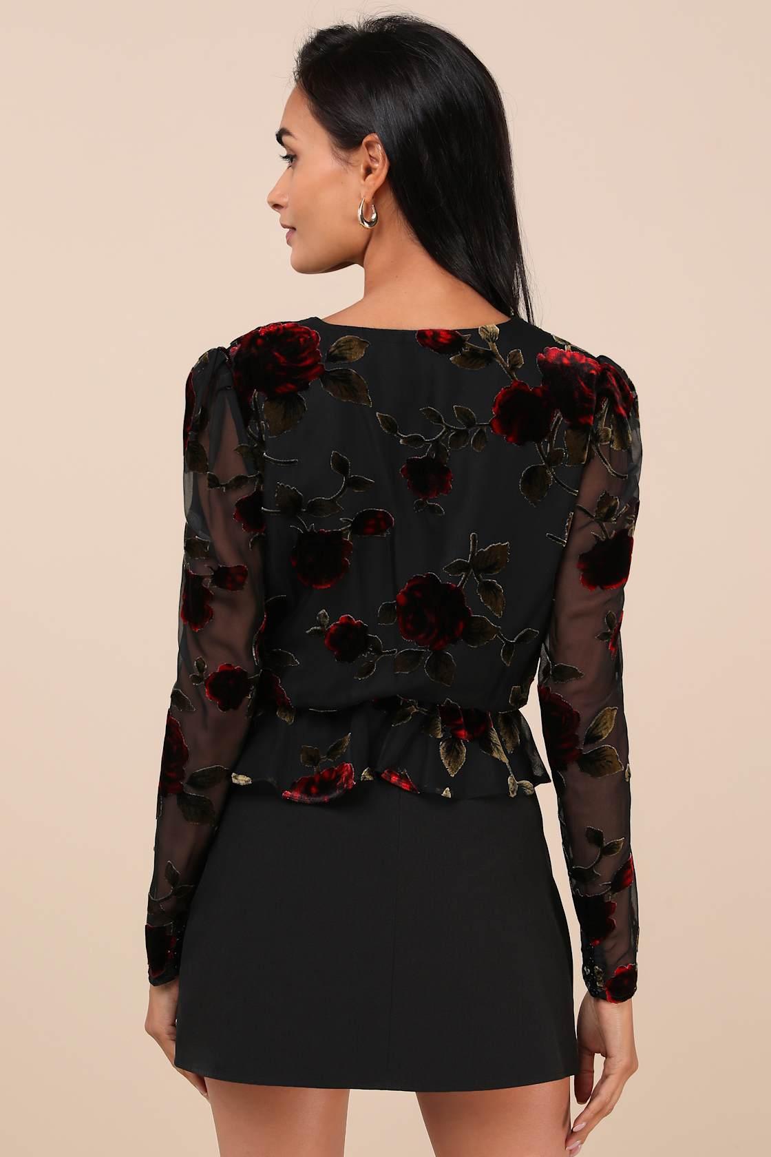 Memorably Poised Black Burnout Floral Surplice Top Product Image