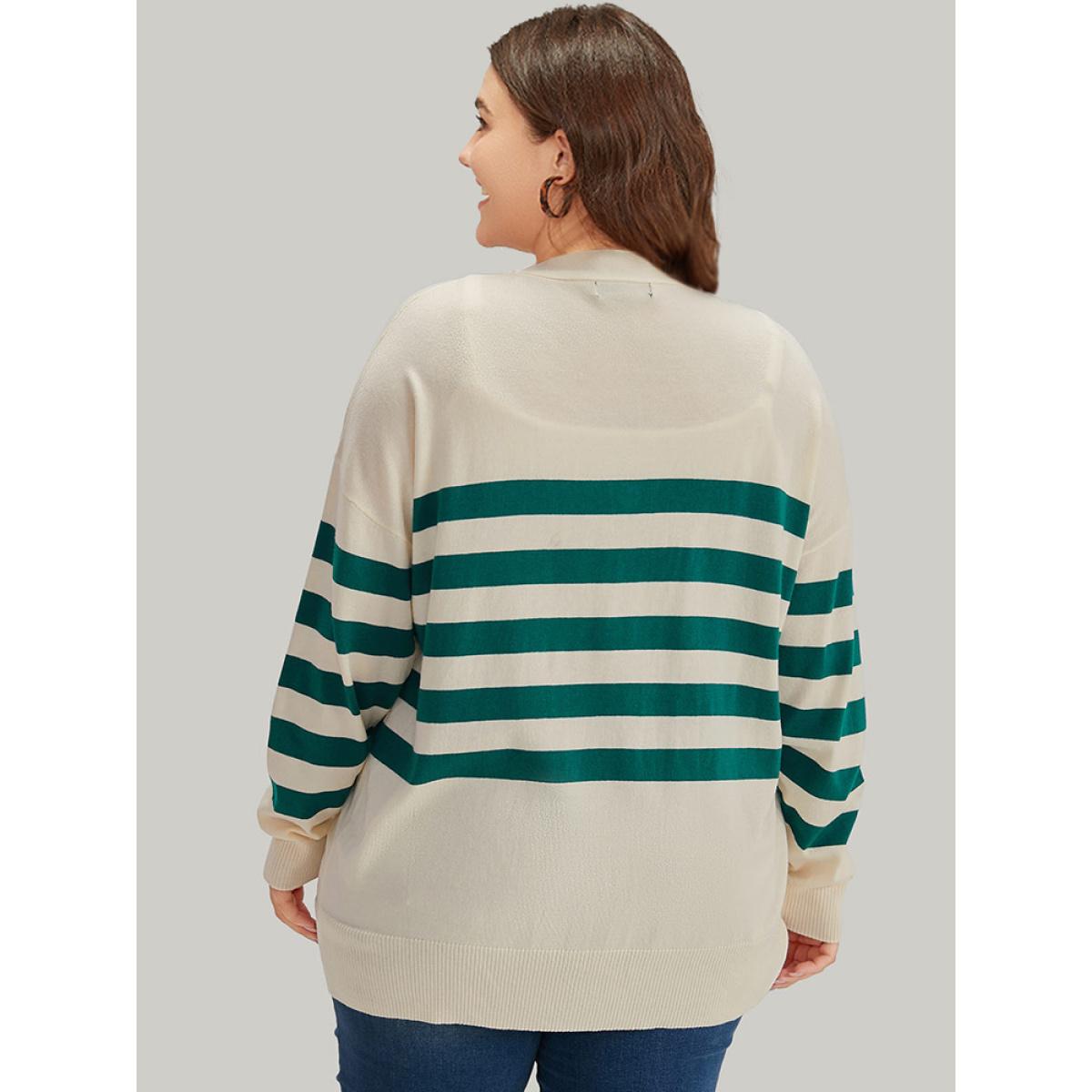 Plus Size Supersoft Essentials Striped Contrast Button Up Cardigan Beige Women Casual Loose Long Sleeve Dailywear Cardigans BloomChic 28/5X Product Image