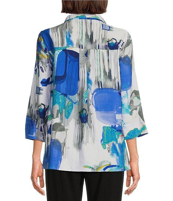 Ali Miles Petite Size Woven Abstract Print Wire Collar 3/4 Sleeve Button Front Tunic Product Image