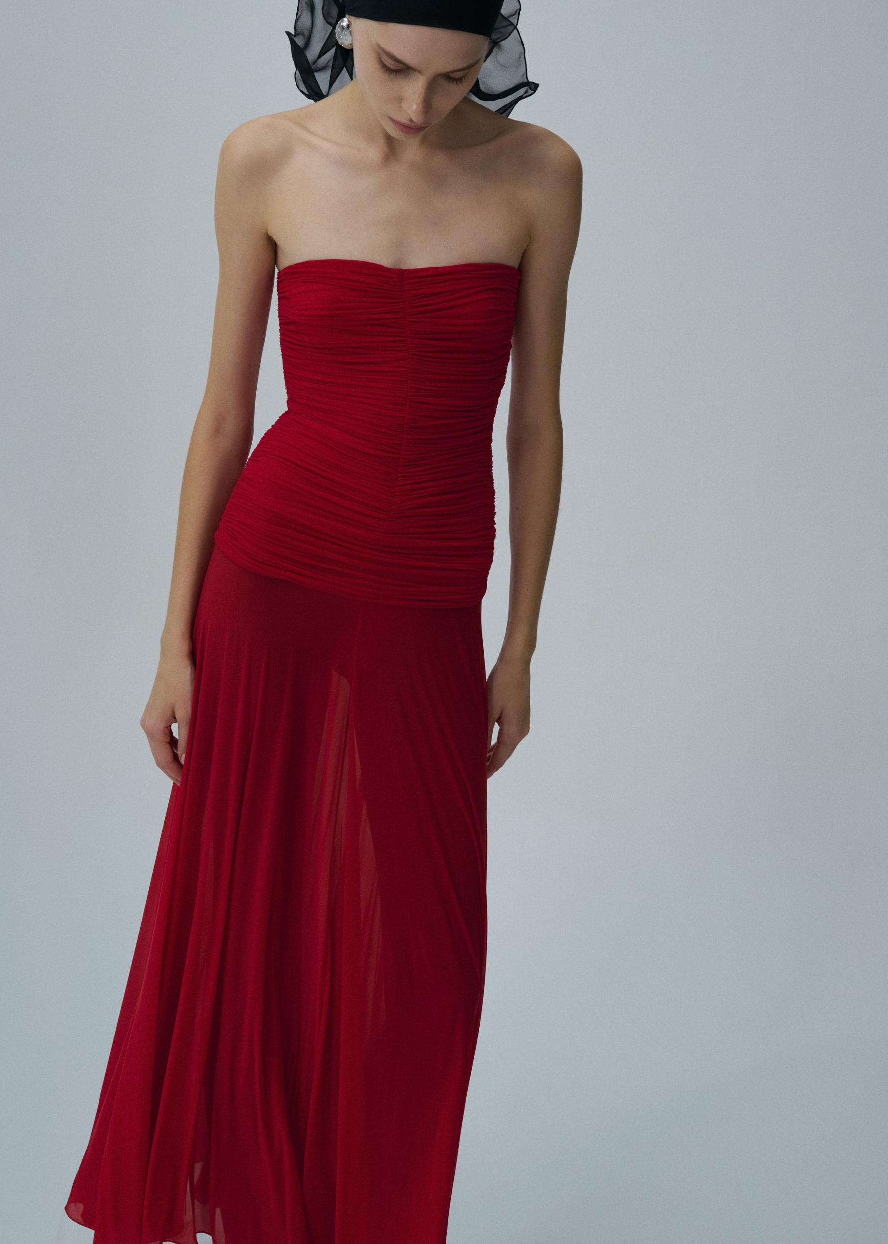 Strapless cupro midi dress in red Product Image