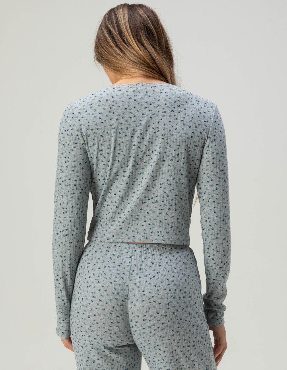 FULL TILT Pointelle Floral Lace Trim Long Sleeve Tee - BLUE COMBO Product Image