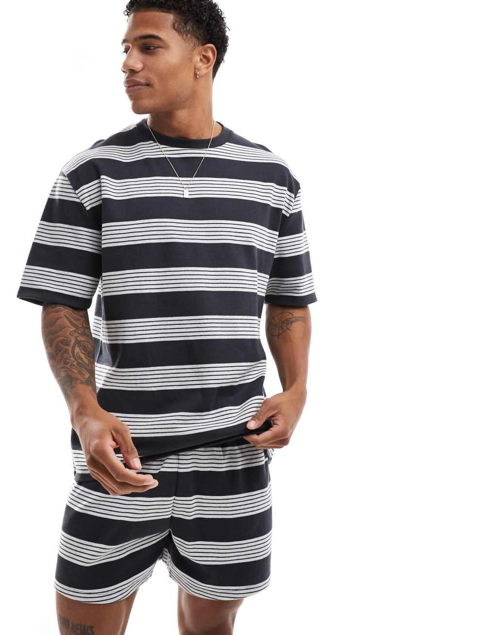 ASOS DESIGN pajama set with T-shirt and shorts in black stripe Product Image