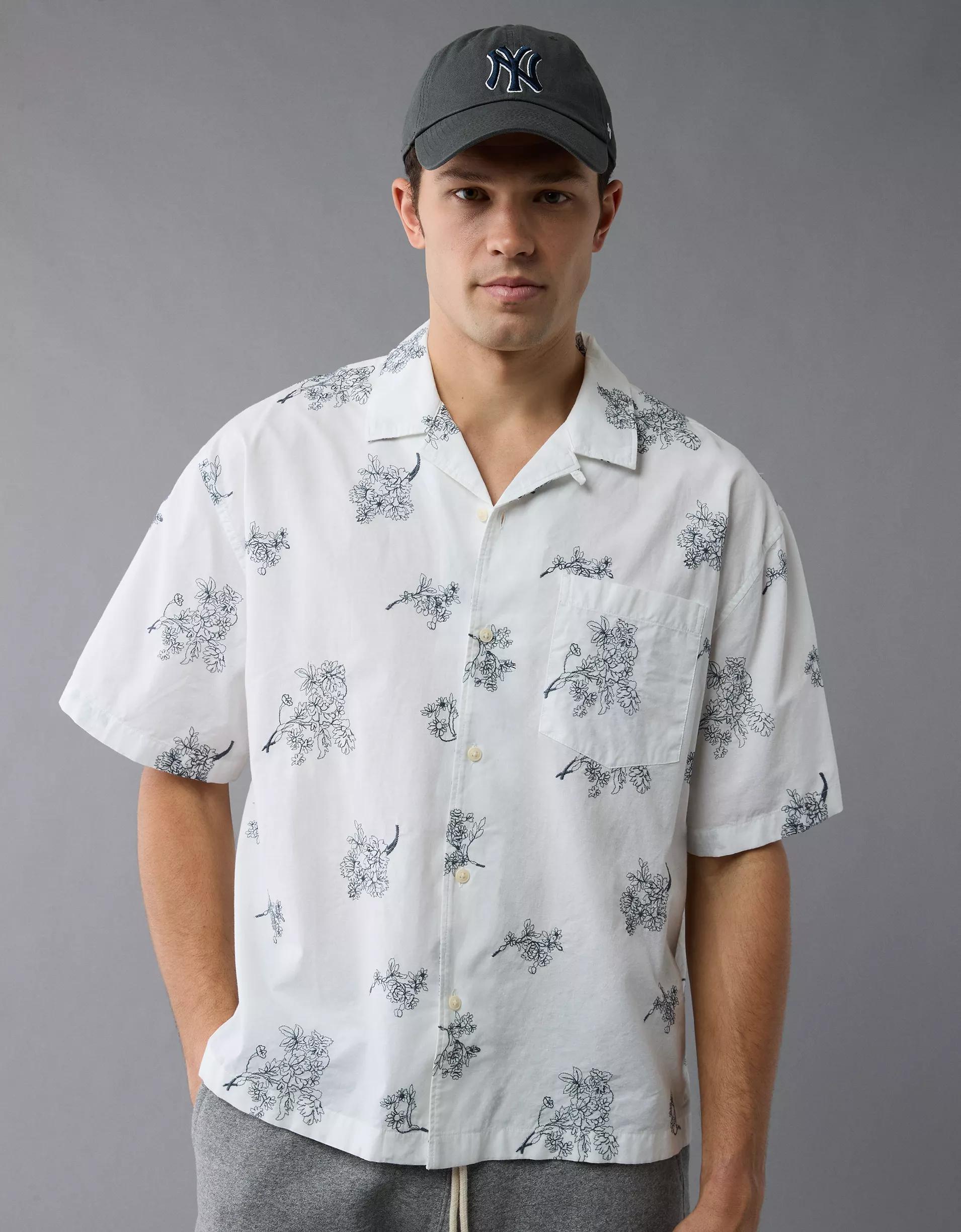AE Poolside Linen-Blend Floral Button-Up Shirt Product Image
