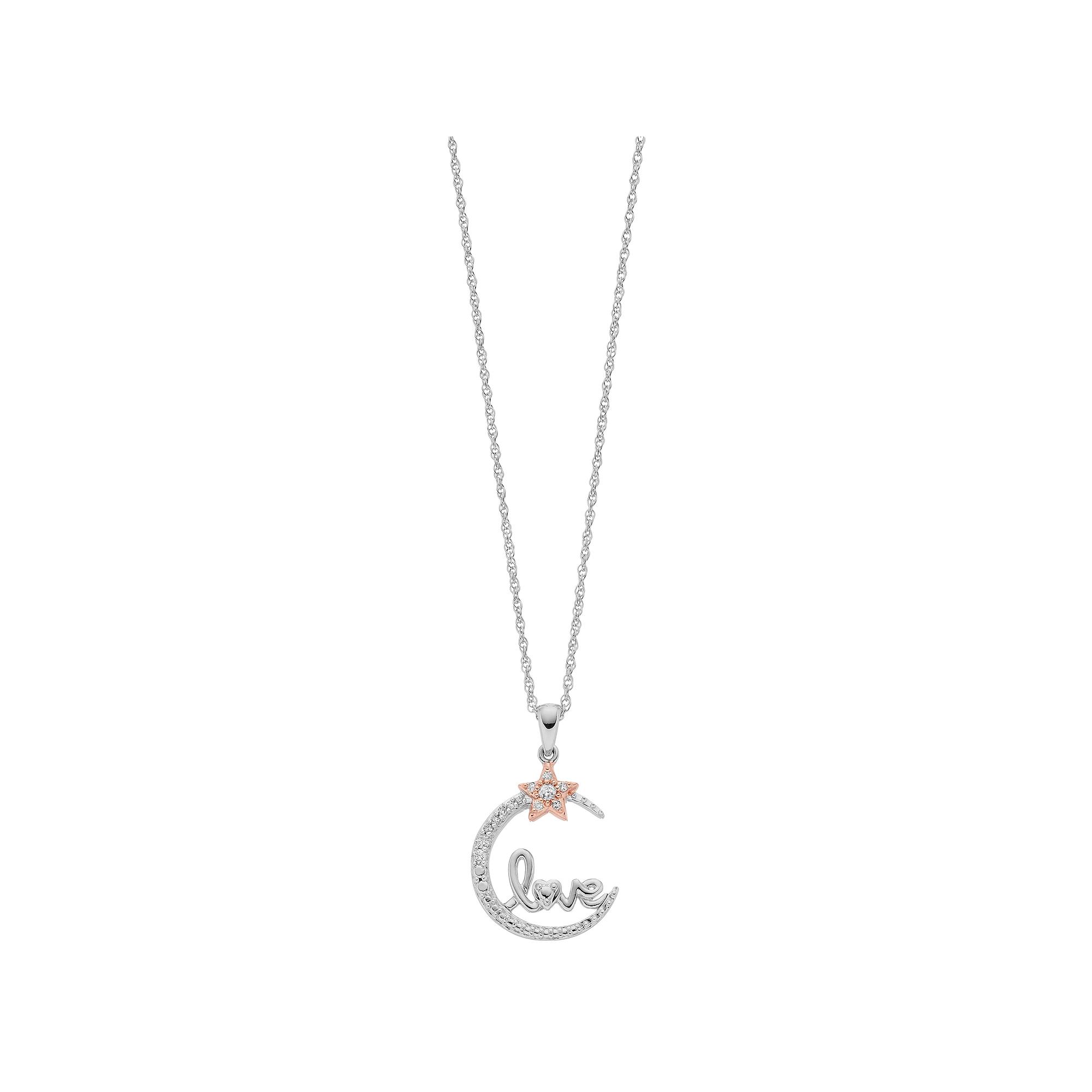 Two Tone Sterling Silver 1/10 Carat T.W. Diamond Moon & Star "Love" Pendant Necklace, Women's, Size: 18" Product Image