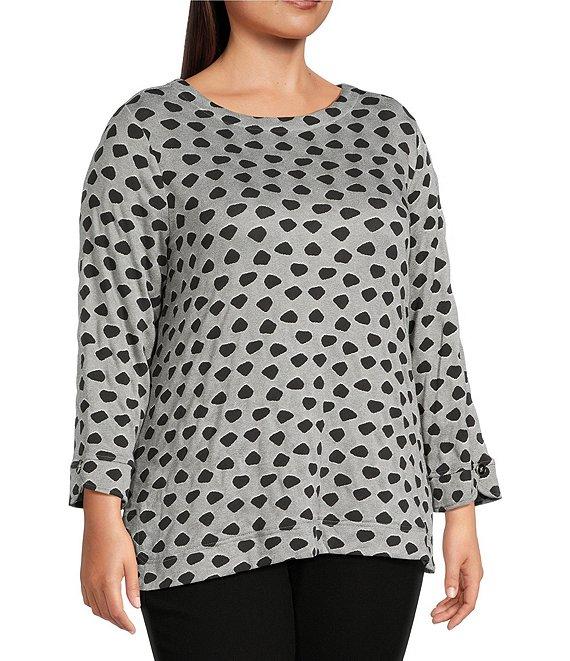 Ali Miles Plus Size Jacquard Knit Dotted Round Neck 3/4 Sleeve Tunic Product Image