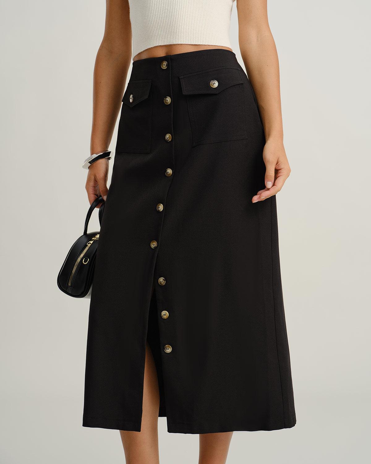 Black Natural Waisted Button Slit Midi Skirt Product Image
