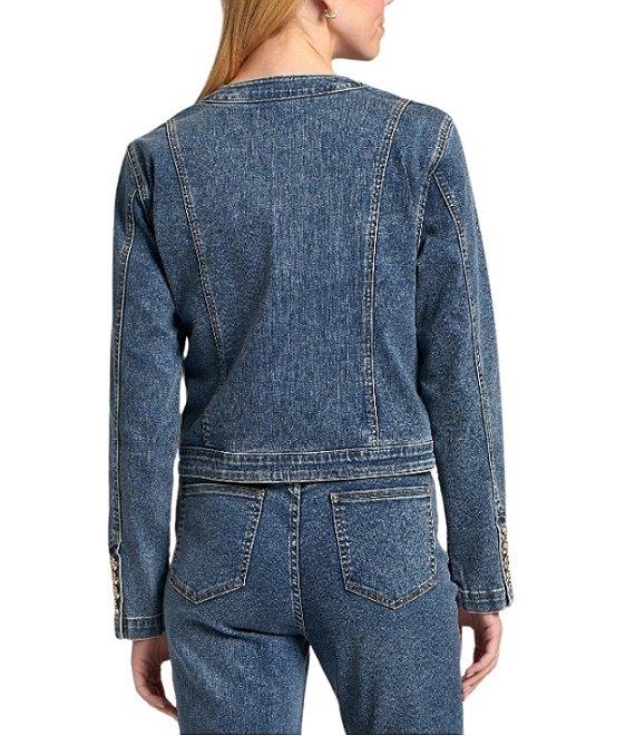 APNY Denim Collarless Long Sleeve Cropped Denim Jacket Product Image