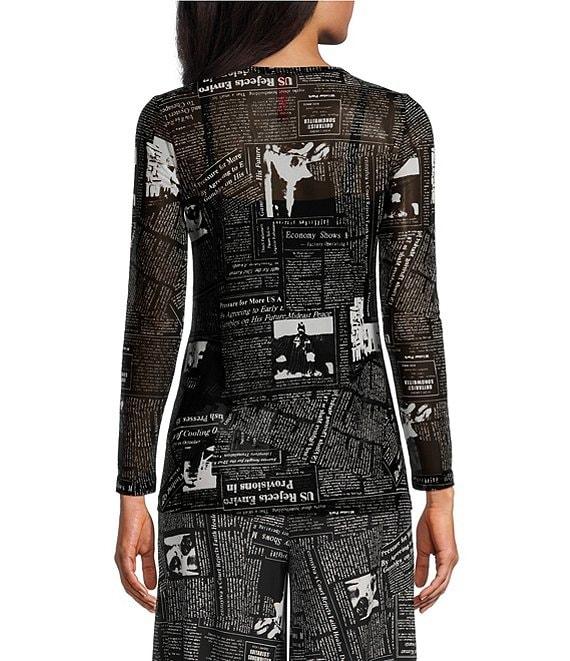 IC Collection Mesh Newspaper Print Round Neck Long Sleeve Top Product Image