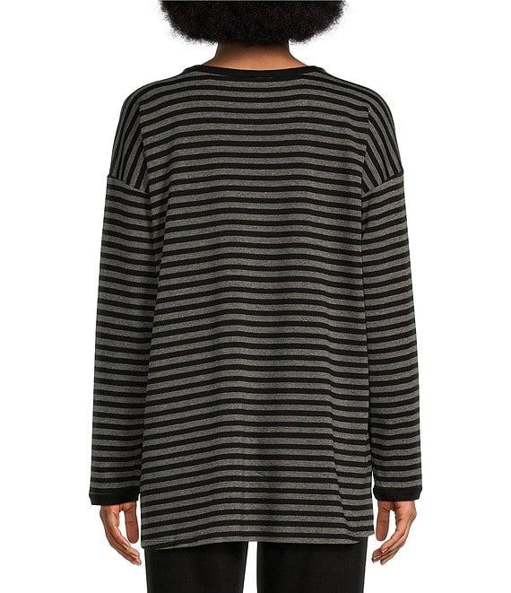 Eileen Fisher Striped Cozy Brushed Terry Round Neck Long Sleeve Long Boxy Top Product Image