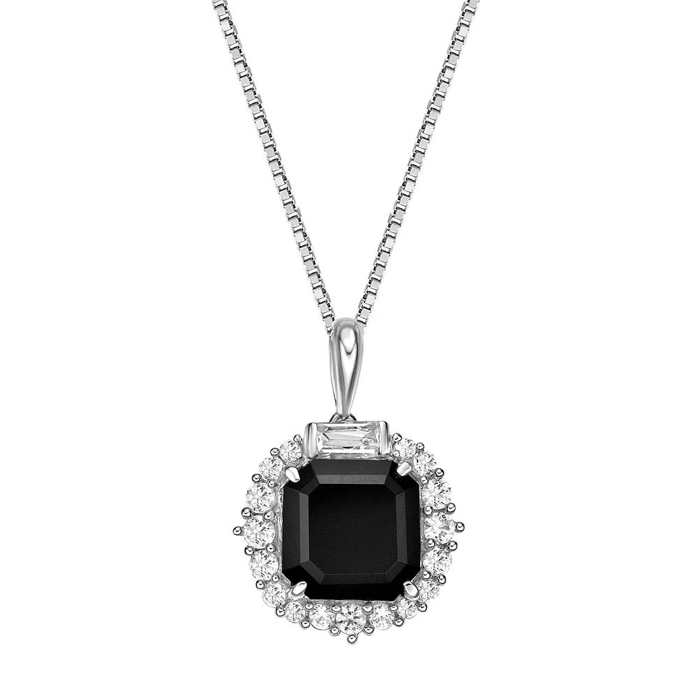Gemminded Sterling Silver Onyx & Lab-Created White Sapphire Halo Pendant Necklace, Women's, Size: 18" Product Image