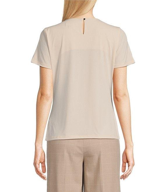 Calvin Klein Solid Matte Jersey Pleated Crew Neck Short Sleeve Blouse Product Image