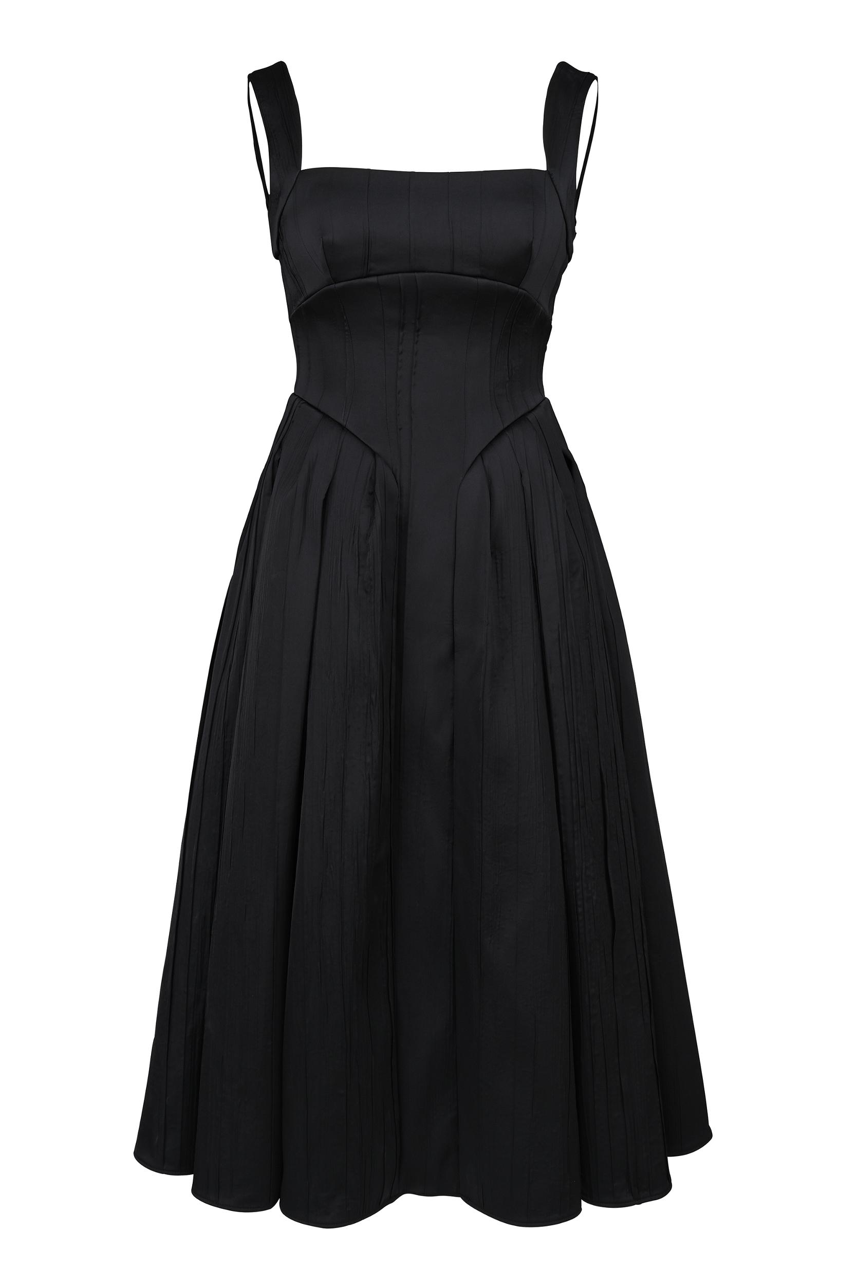 Isabeau  black textured satin corset midi dress Product Image
