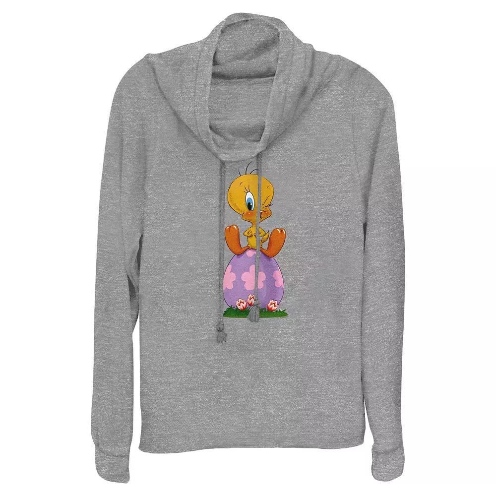 Women's Looney Tunes Tweety Bird Sitting On Easter Egg Cowlneck Graphic Lightweight Long Sleeve, Size: Small, Gray Grey Product Image