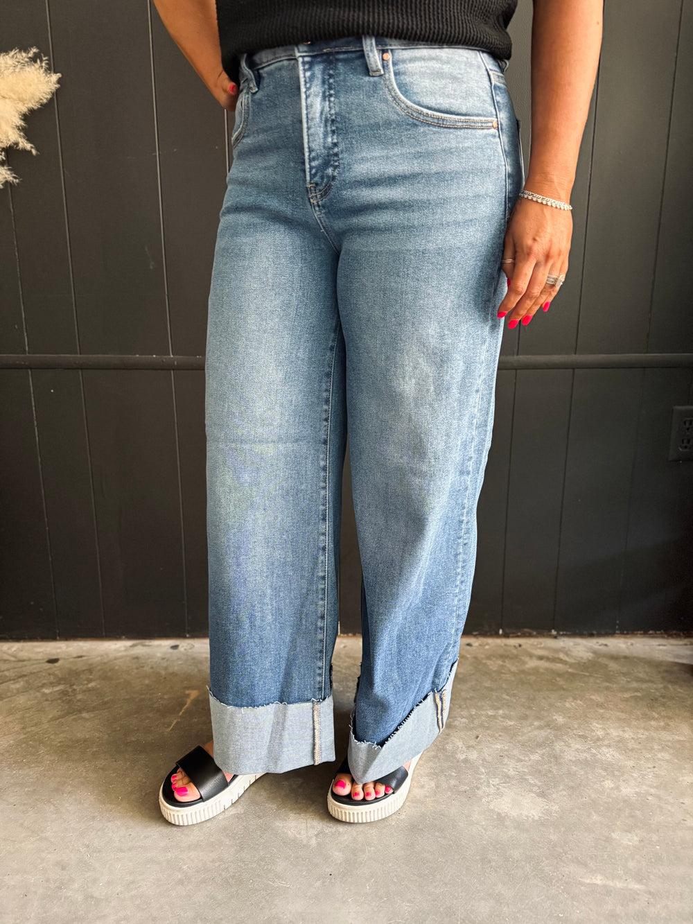 Risen High Rise Wide Leg Cuffed Jeans Product Image