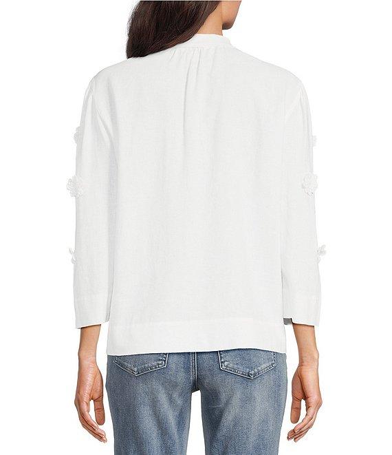 Tru Luxe Jeans Linen Blend Split Crew Neck 3/4 Sleeve Applique Flowers Blouse Product Image