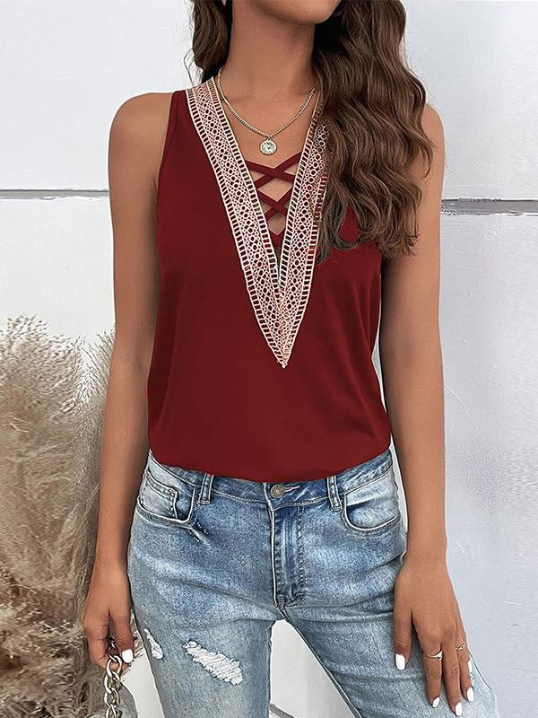 Loose Sleeveless Hollow Split-Joint V-Neck Vest Top Product Image