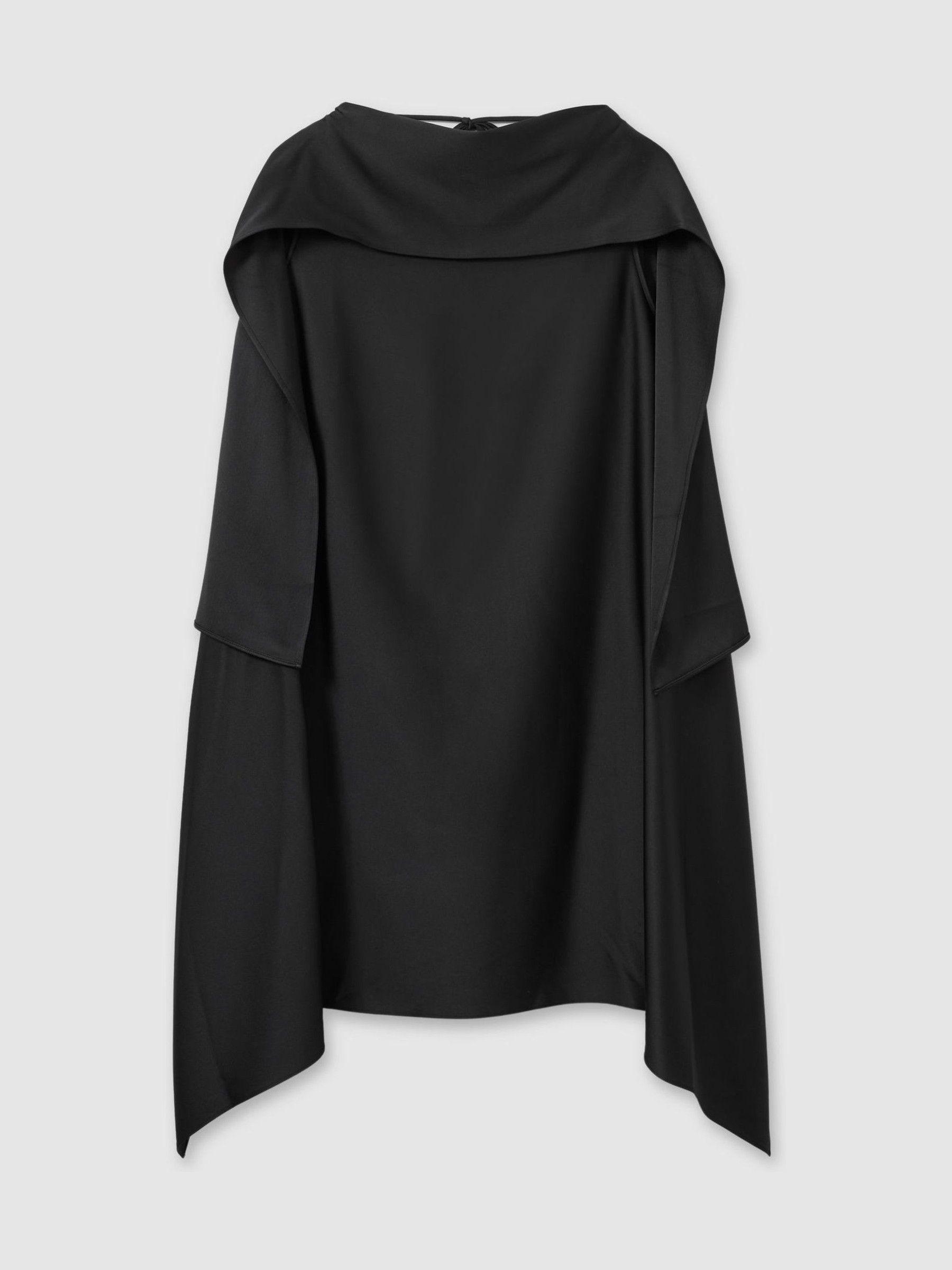Atelier Asymmetric Satin Cape-Sleeve Mini Dress in Black Product Image