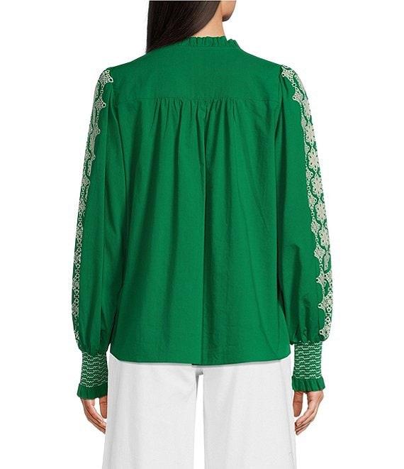 Gibson & Latimer Woven Embroidered Floral Ruffled Slit Round Button Front Neck Long Blouson Sleeve Hi-Low Shirttail Blouse Product Image