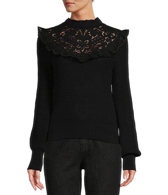 Antonio Melani x Jennifer Sumko Catherine Woven Yarn Ruffle Lace Mock Neck Long Sleeve Sweater Product Image