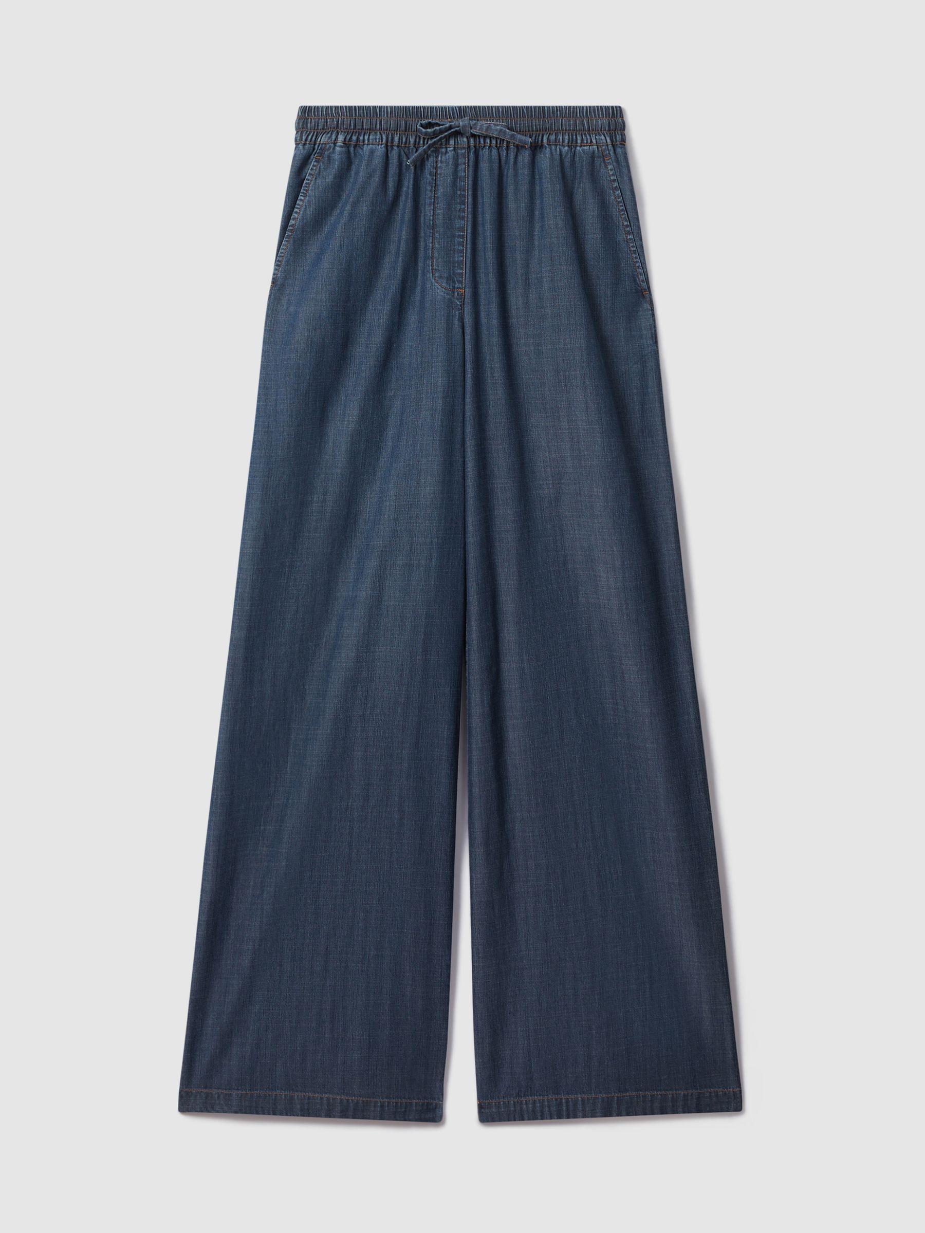 Denim Look Wide Leg Trousers in Mid Blue Product Image