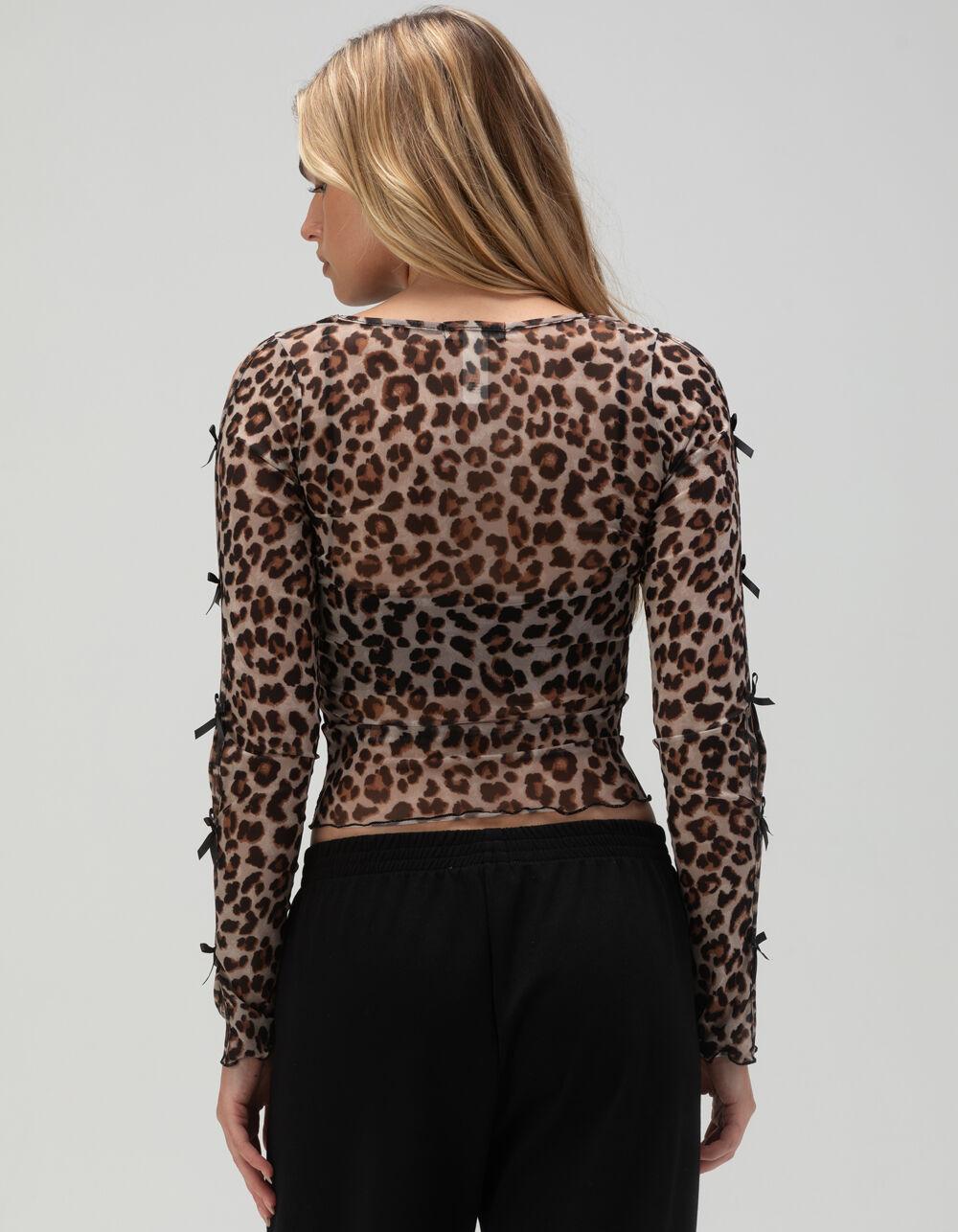 FULL TILT Leopard Bow Long Sleeve Womens Top - BROWN Product Image