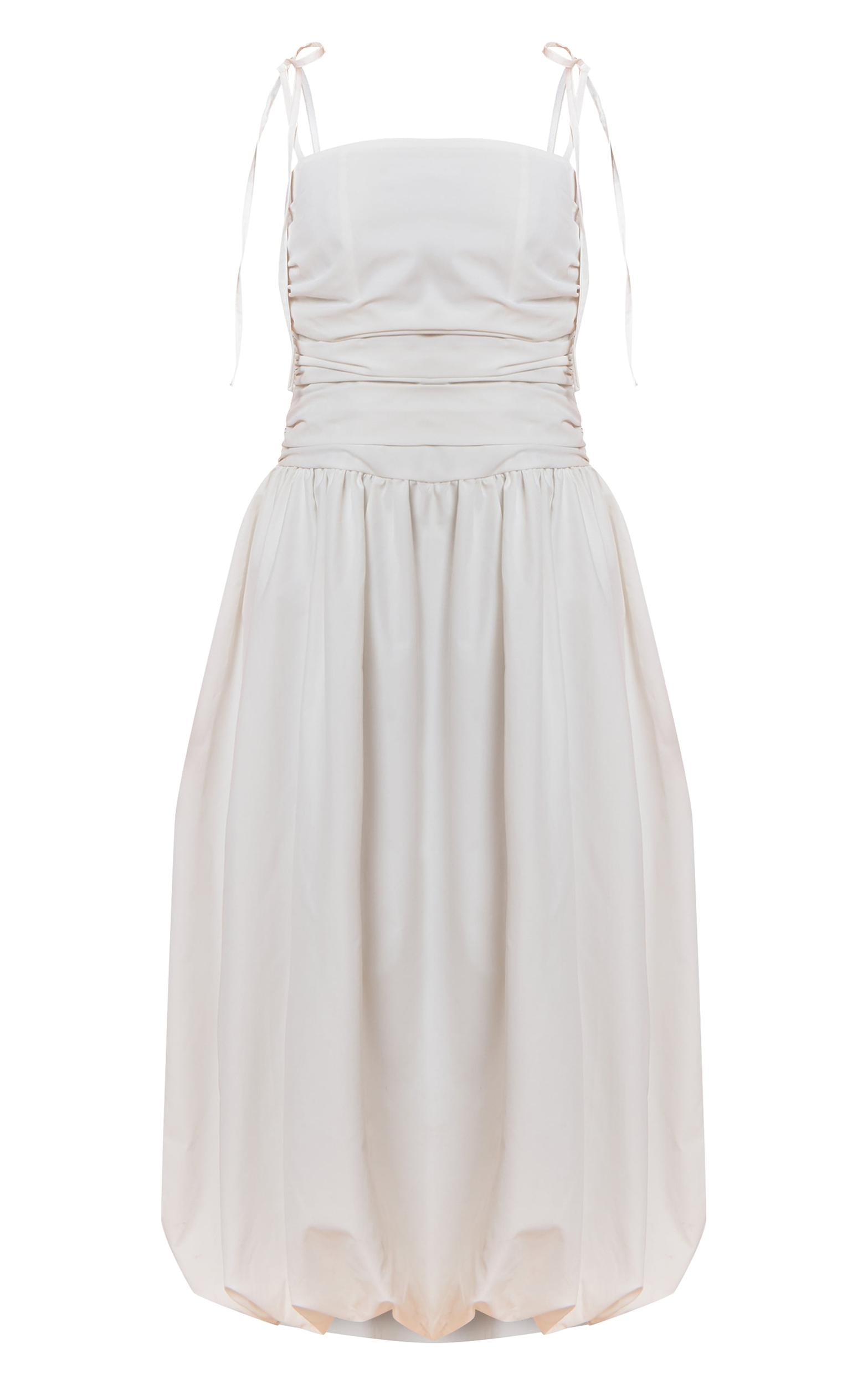 Petite White Spaghetti Strap Puff Midi Dress Product Image