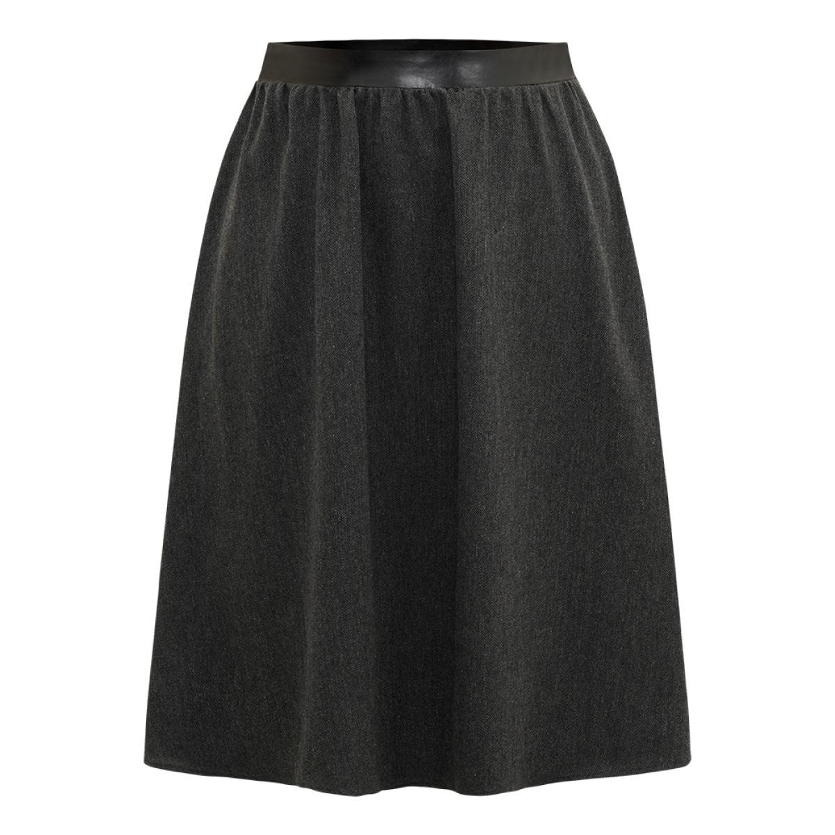 Plus Size Solid PU Patchwork Pocket Elastic Waist Skirt Women DimGray Office Texture No stretch Pocket Office Skirts BloomChic 28/5X Product Image