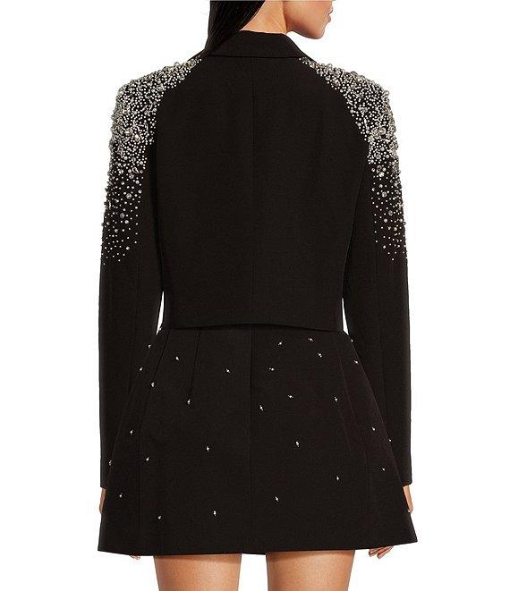 Muse by Marchesa Moonflower Crepe Jeweled Beaded Pearl Notch Lapel Long Sleeve Button Front Cropped Coordinating Blazer Product Image