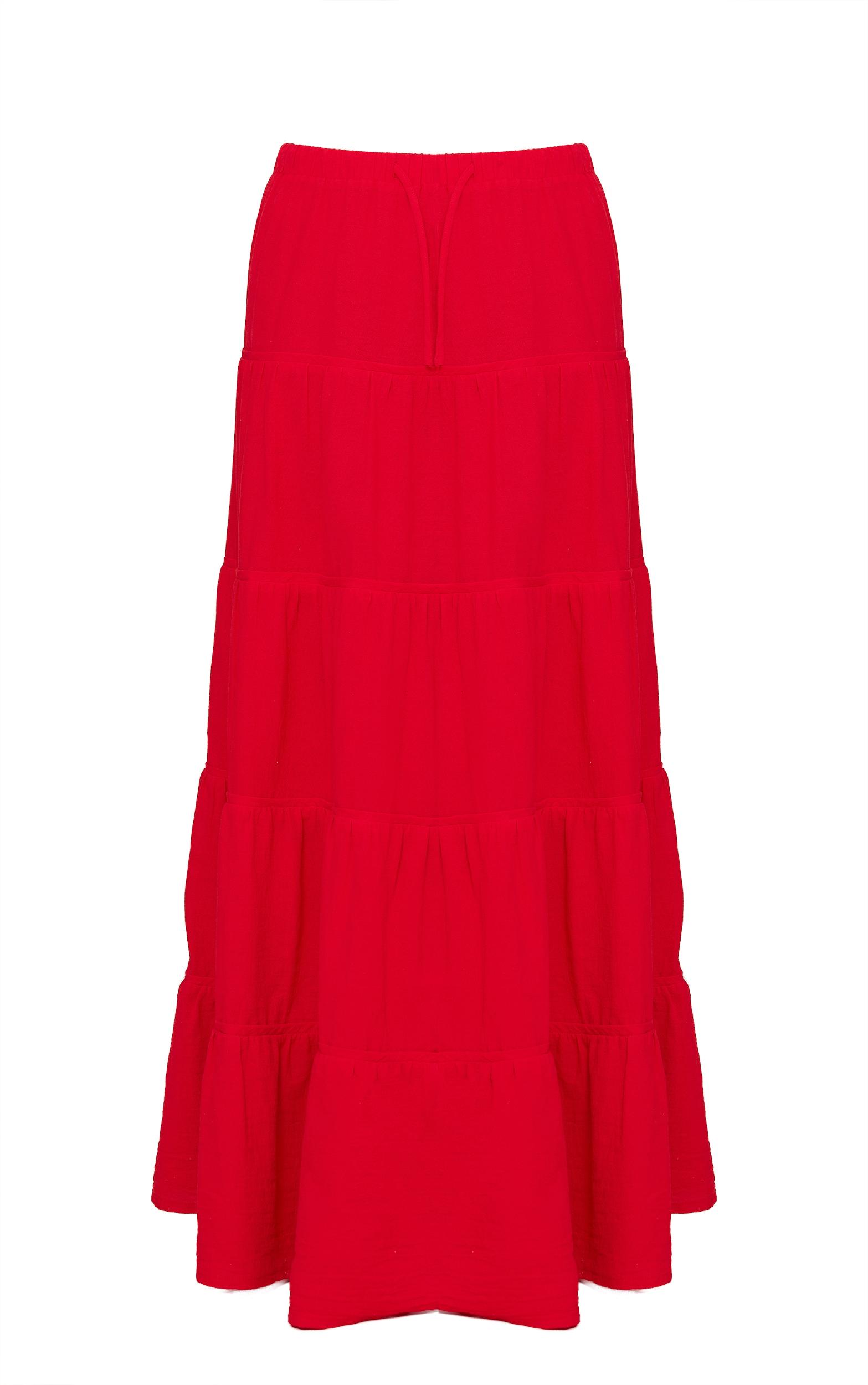 Tomato Red Cotton Tiered Drawstring Waist Maxi Skirt Product Image