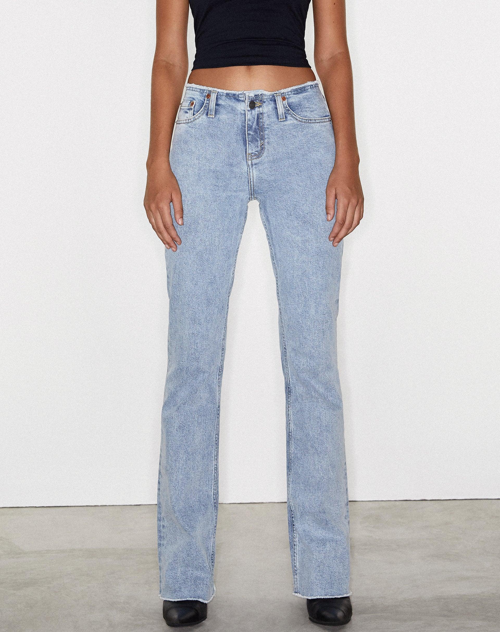 Frayed Low Rise Jeans in Light Wash Blue Product Image