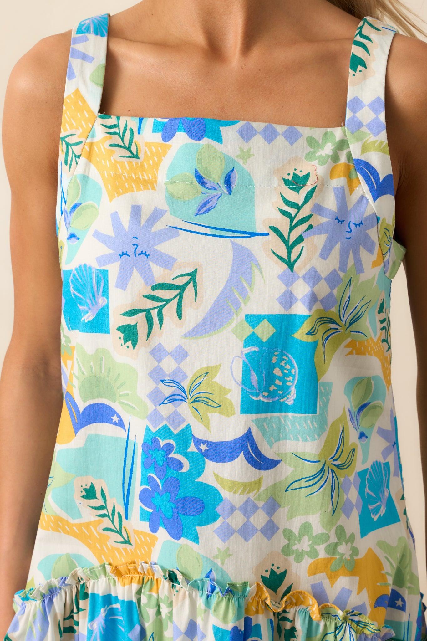 Roll With It Blue Tropical Print Cotton Drop Waist Mini Dress Product Image