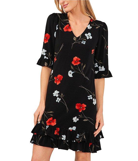CeCe Crepe Knit Floral Print V-Neck Short Sleeve Ruffle A-Line Dress Product Image