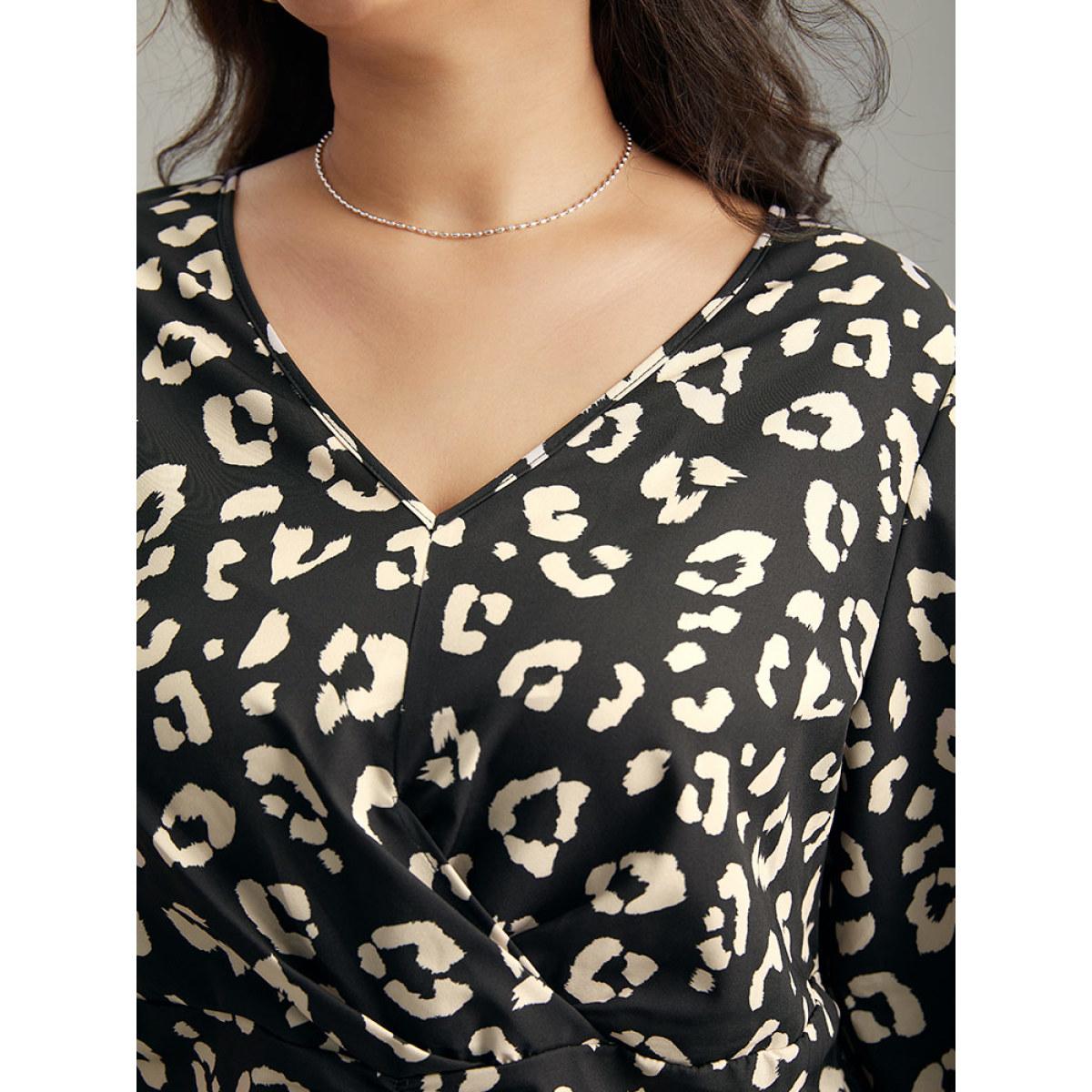 Plus Size Black Leopard Print Crossover Ruched Shirred Blouse Women Elegant Long Sleeve V-neck Dailywear Blouses BloomChic 10/M Product Image