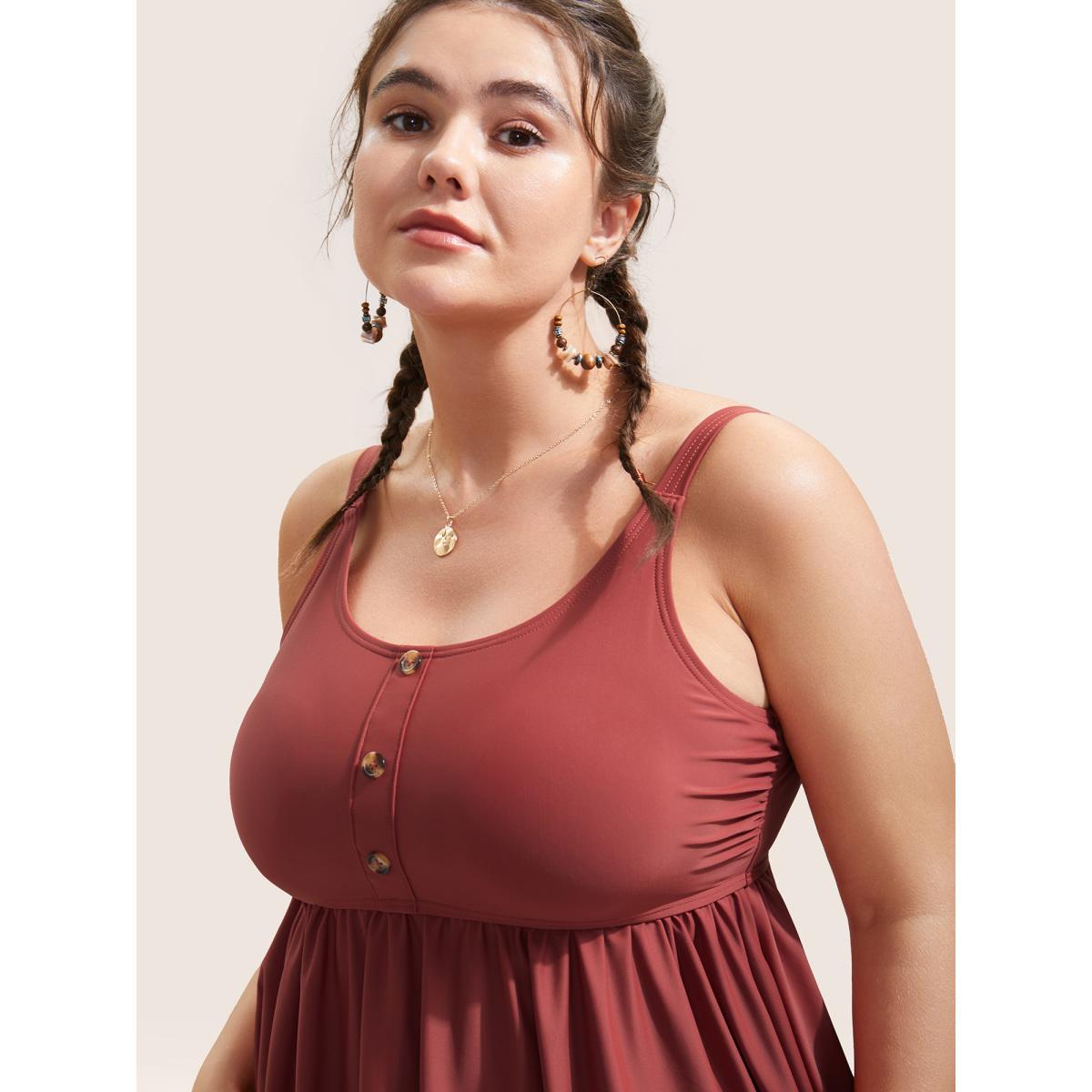 Plus Size Plain Gathered Button Detail Swim Top Women's Swimwear Rust Beach Non High stretch Bodycon U-neck Curve Swim Tops BloomChic 26/4X Product Image