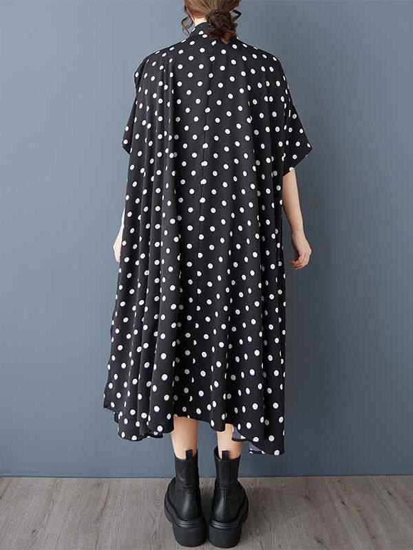 A-Line High-Low Asymmetric Buttoned Polka-Dot Lapel Midi Dresses Shirt Dress Product Image