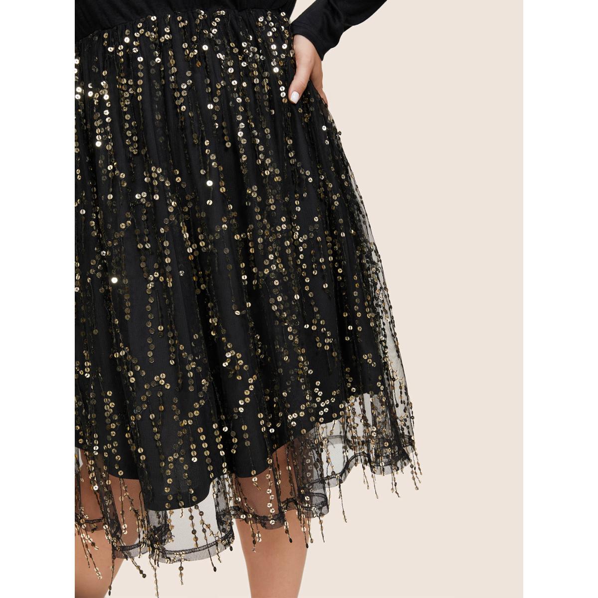 Plus Size Patchwork Sequin Mesh Tassel Trim Dress Black Women Cocktail Sequin V-neck Long Sleeve Curvy Knee Dress BloomChic 22-24/3X Product Image
