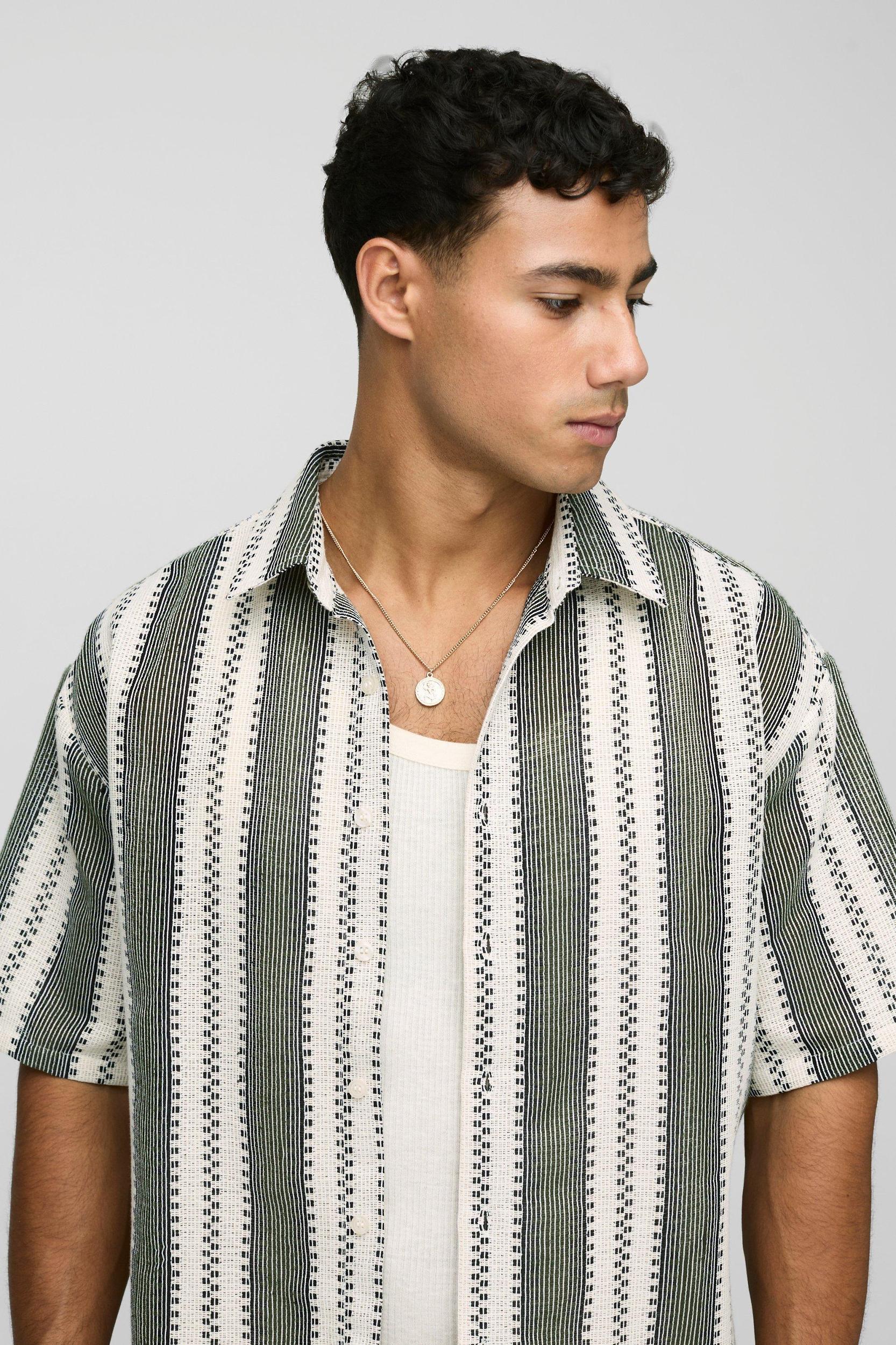 Oversized Boxy Open Weave Stripe Shirt | boohooMAN USA Product Image