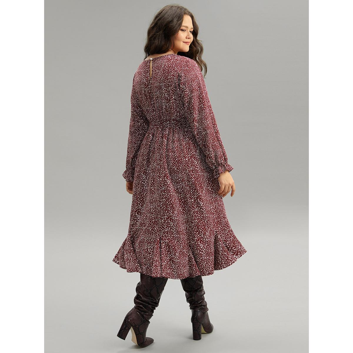 Plus Size Polka Dot Shirred Ruffles Pocket Dress Burgundy Women Casual Printed Round Neck Long Sleeve Curvy Midi Dress BloomChic 22-24/3X Product Image