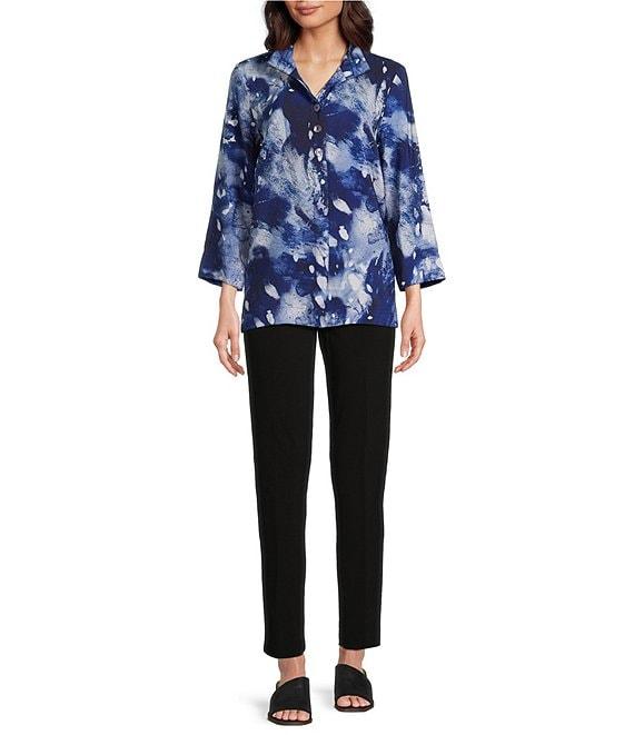 Ali Miles Woven Abstract Print Wire Collar 3/4 Sleeve Hi-Low Hem Button Front Tunic Product Image