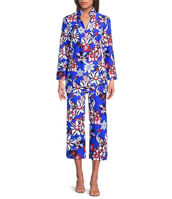 Jude Connally Trixie Twirling Peacock Print Stretch Knit Wide Leg Cropped Coordinating Pull-On Pants Product Image