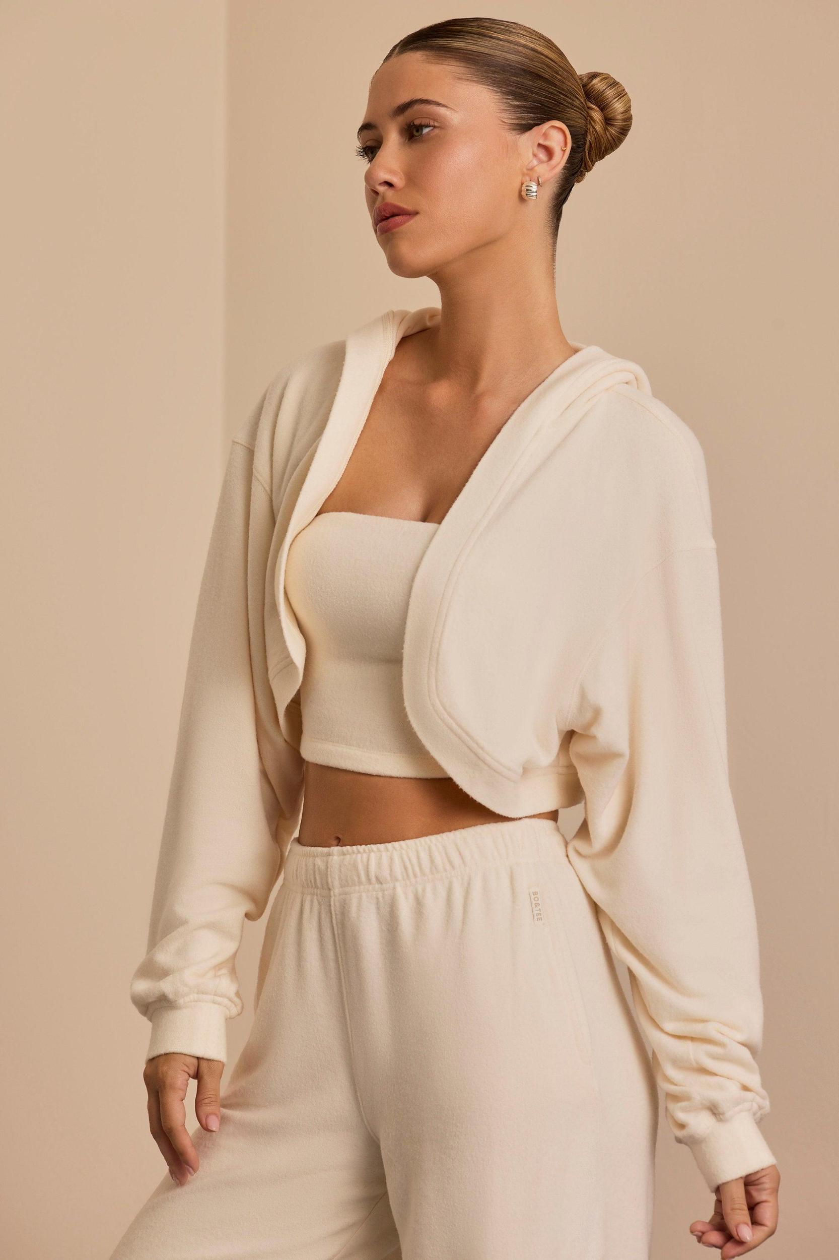 Brushed Jersey Hooded Cropped Shrug in Ecru Product Image
