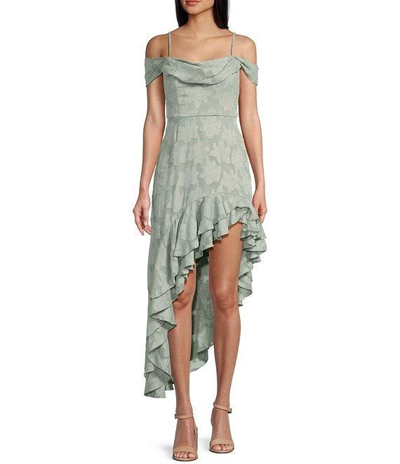 City Vibe Drape Neck Off-The-Shoulder Ruffled Asymmetric High-Low Hem Midi Dress Product Image