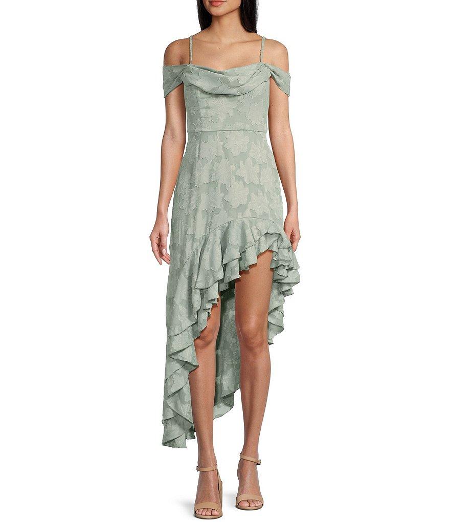 City Vibe Drape Neck Off-The-Shoulder Ruffled Asymmetric High-Low Hem Midi Dress Product Image