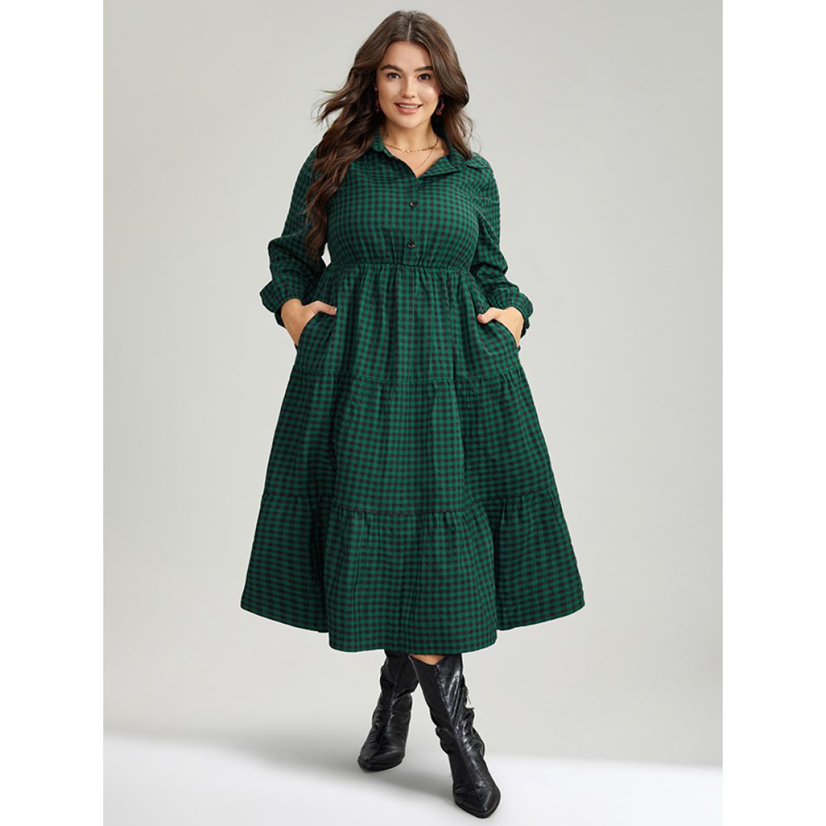 Plus Size Gingham Pocket Button Up Elastic Waist Dress DarkGreen Women Casual Elastic cuffs Shirt collar Long Sleeve Curvy Midi Dress BloomChic 22-24/3X Product Image
