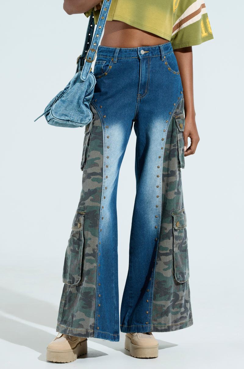 CADET CRAZY CAMO AND DENIM WIDE LEG PANT Product Image