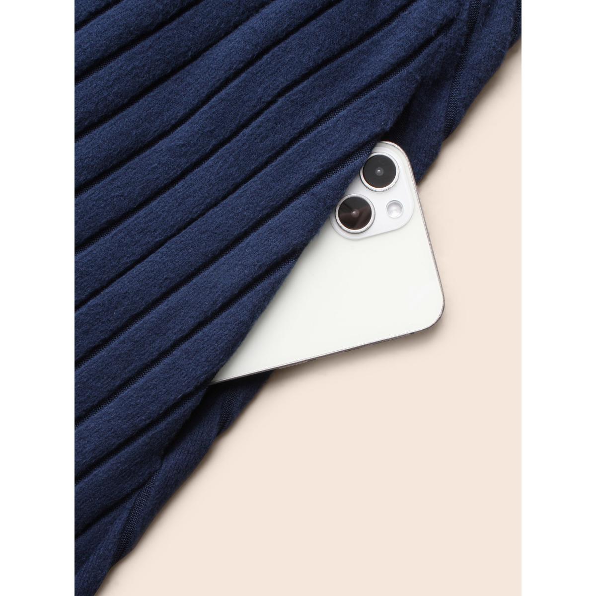 Plus Size Plain Turtleneck Arc Hem Belted Dress Navy Women Casual Texture Turtleneck Long Sleeve Curvy BloomChic 30/6X Product Image