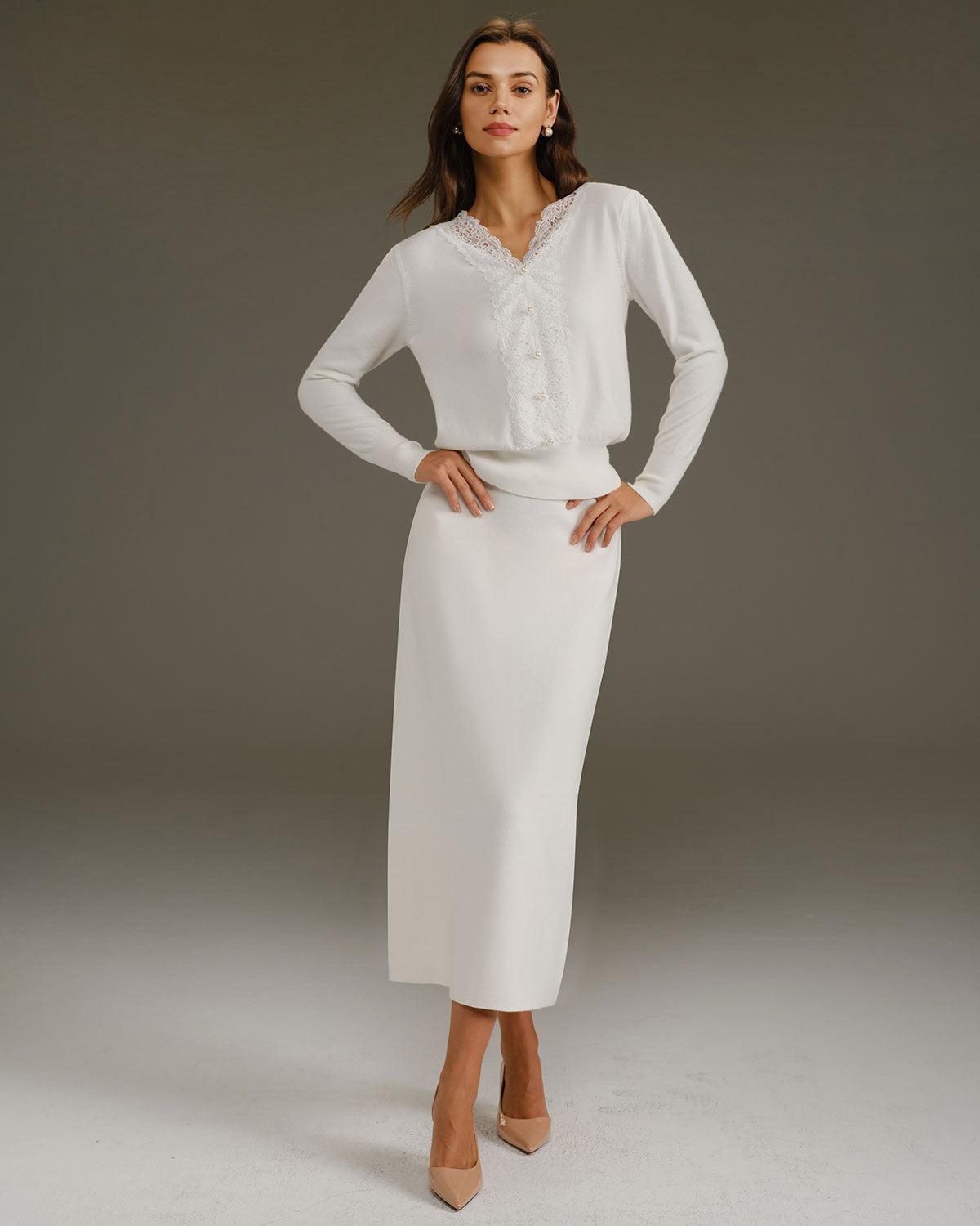 White V Neck Pearl Button Sweater Product Image