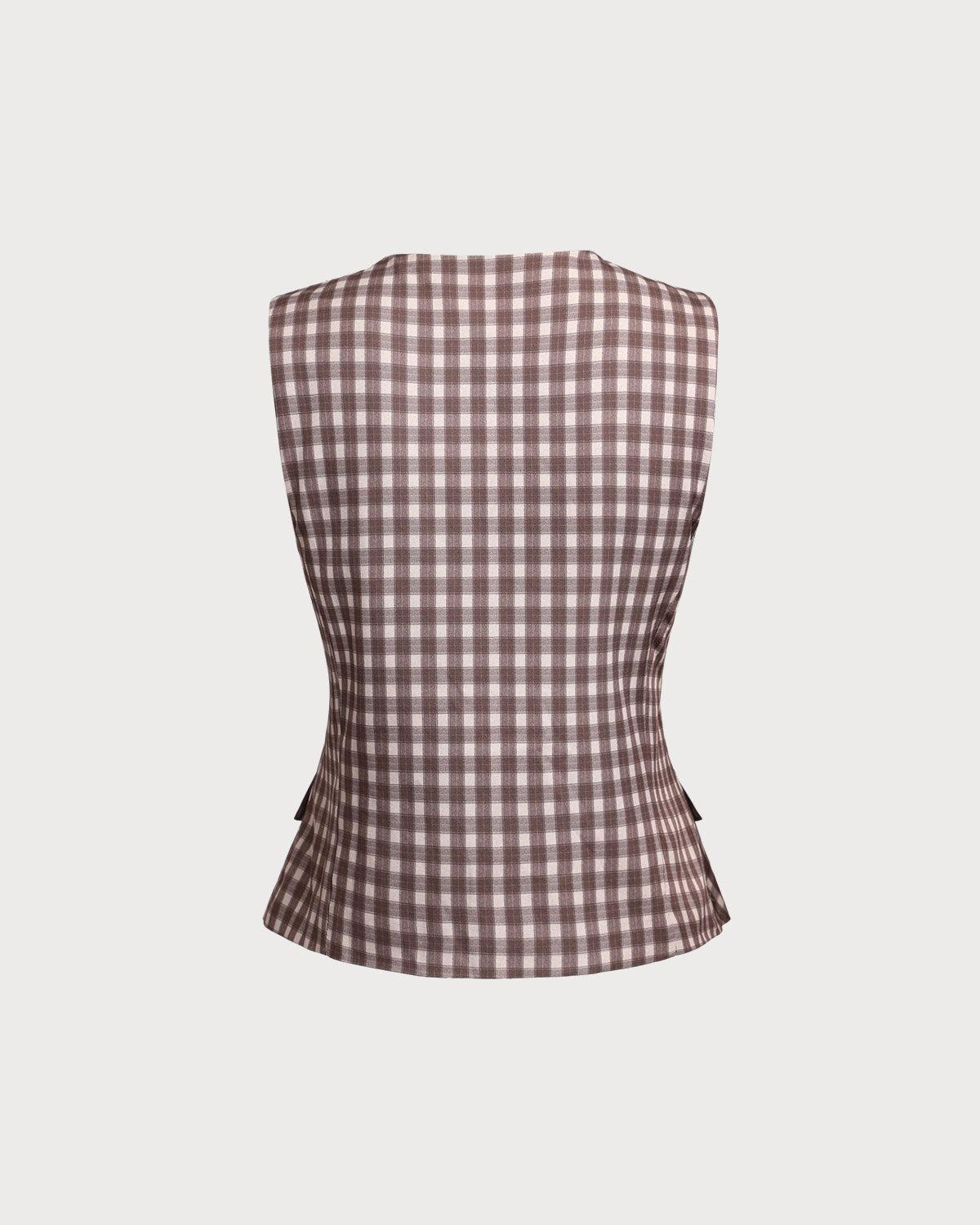 Brown Plaid Round Neck Vest Product Image