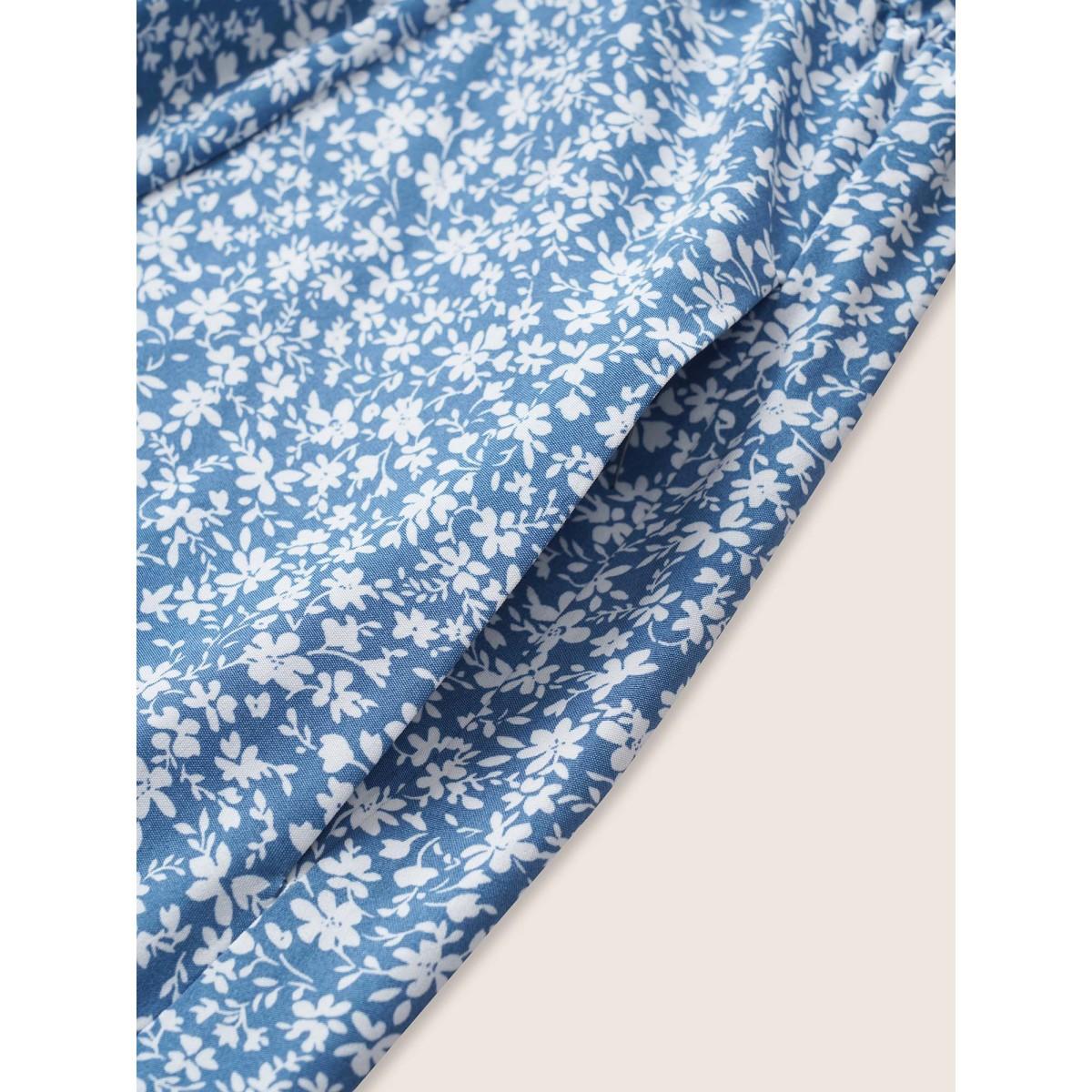 Plus Size Ditsy Floral Print Square Neck Split Hem Dress Cerulean Women Timeless Non Square Neck Elbow-length sleeve Curvy Midi Dress BloomChic 18-20/2X Product Image